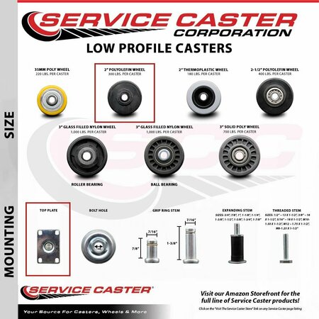 Service Caster Low Profile Polyolefin 2'' Wheel Top Plate Swivel Caster Set with 2 Brake, 4PK SCC-04S211316-POS-2-SLB-2